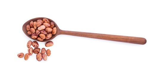 Photo of Wooden spoon and dry kidney beans isolated on white, top view