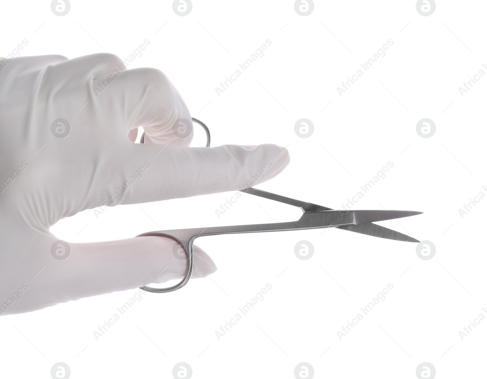 Photo of Doctor holding surgical scissors on white background, closeup. Medical instrument