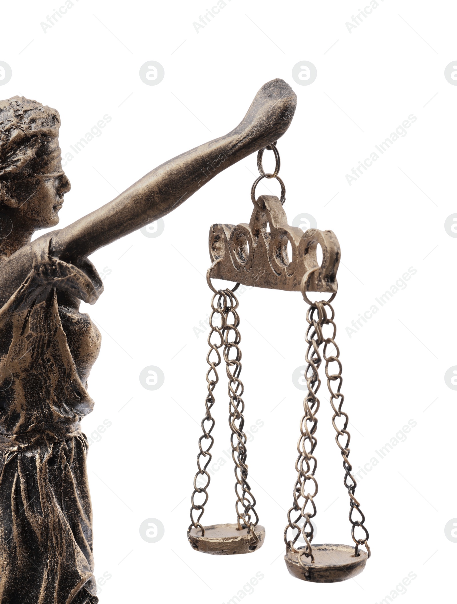 Photo of Statue of Lady Justice isolated on white, side view. Symbol of fair treatment under law