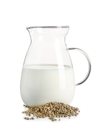 Photo of Glass jug with hemp milk on white background