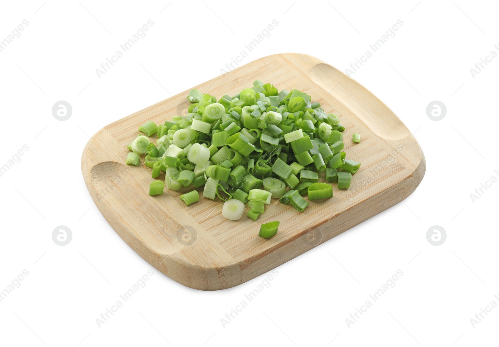 Photo of Wooden board with chopped green onion isolated on white