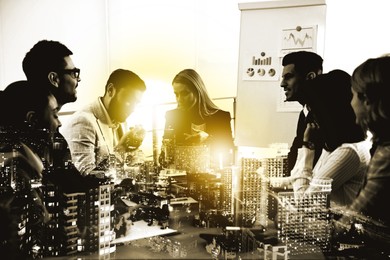 Image of Double exposure of successful business team and cityscape