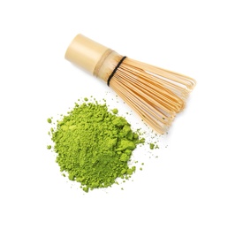 Powdered matcha tea and chasen on white background, top view
