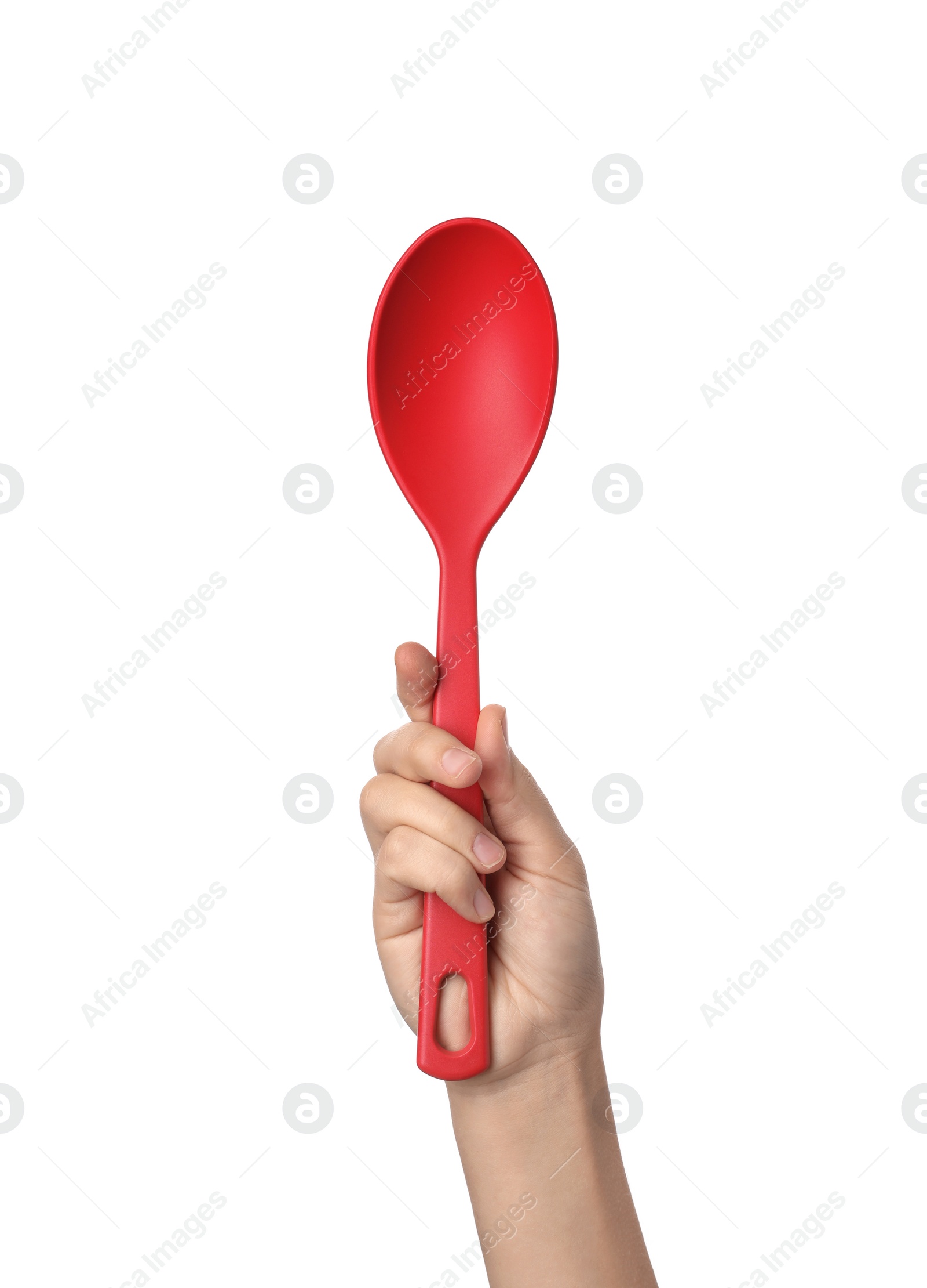 Photo of Woman holding serving spoon on white background. Kitchen utensils