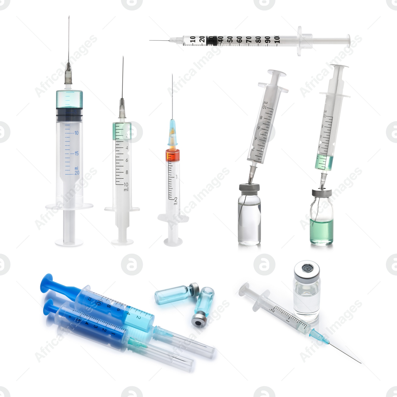 Image of Disposable syringes with needles and vials on white background, collage