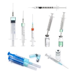 Disposable syringes with needles and vials on white background, collage