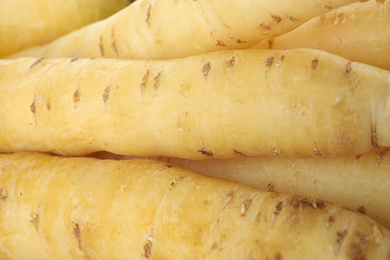 Photo of Fresh raw white carrots as background, closeup