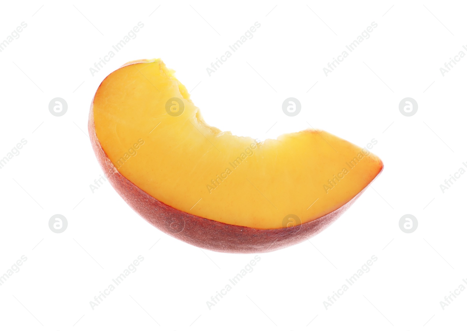 Photo of Slice of sweet juicy peach on white background