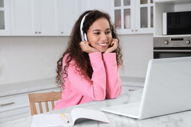 Photo of African American woman with modern laptop and headphones studying in kitchen. Distance learning