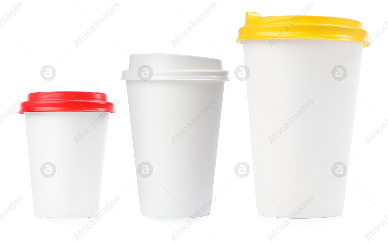 Image of Set with different paper coffee cups on white background 