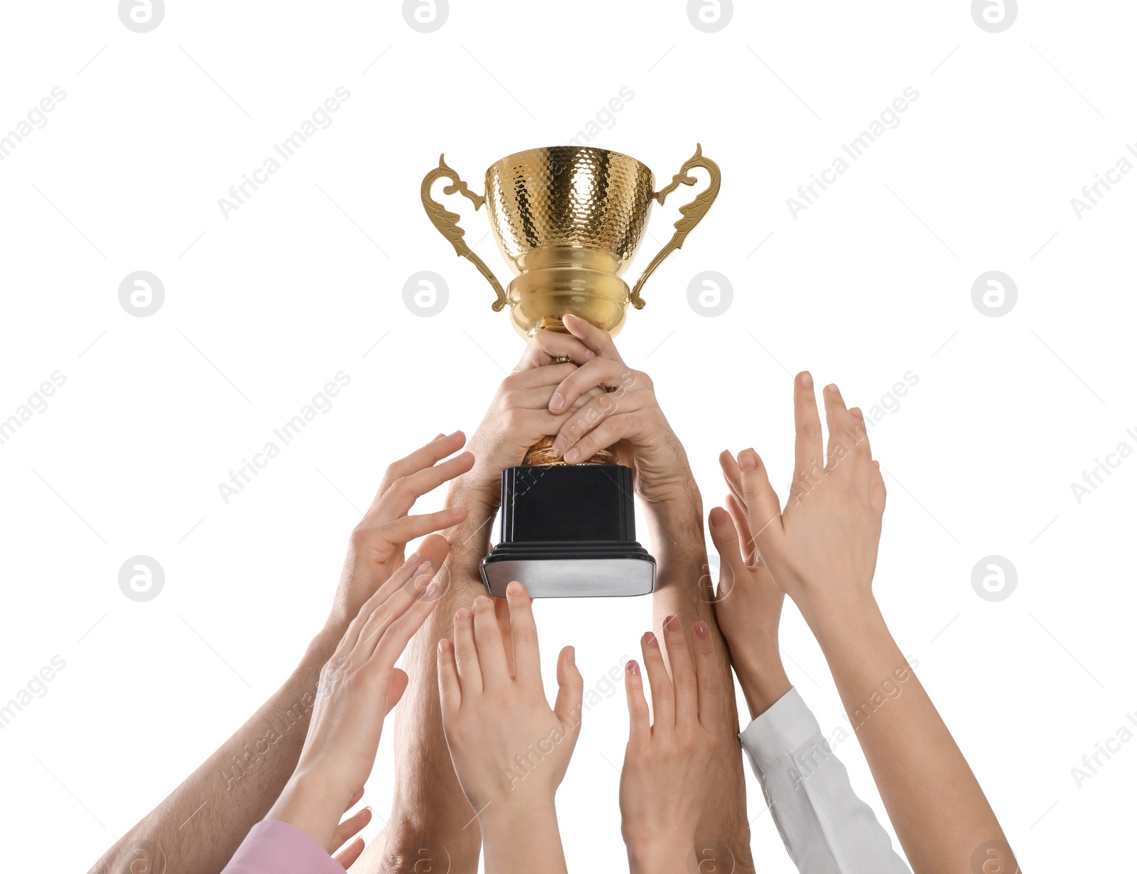 Photo of People with gold trophy cup on white background, closeup