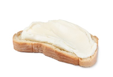 Photo of Slice of bread with tasty cream cheese isolated on white