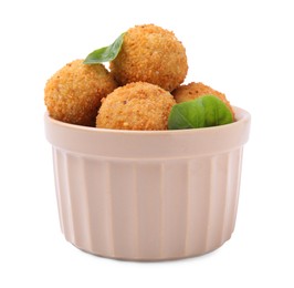 Bowl with delicious fried tofu balls and basil on white background
