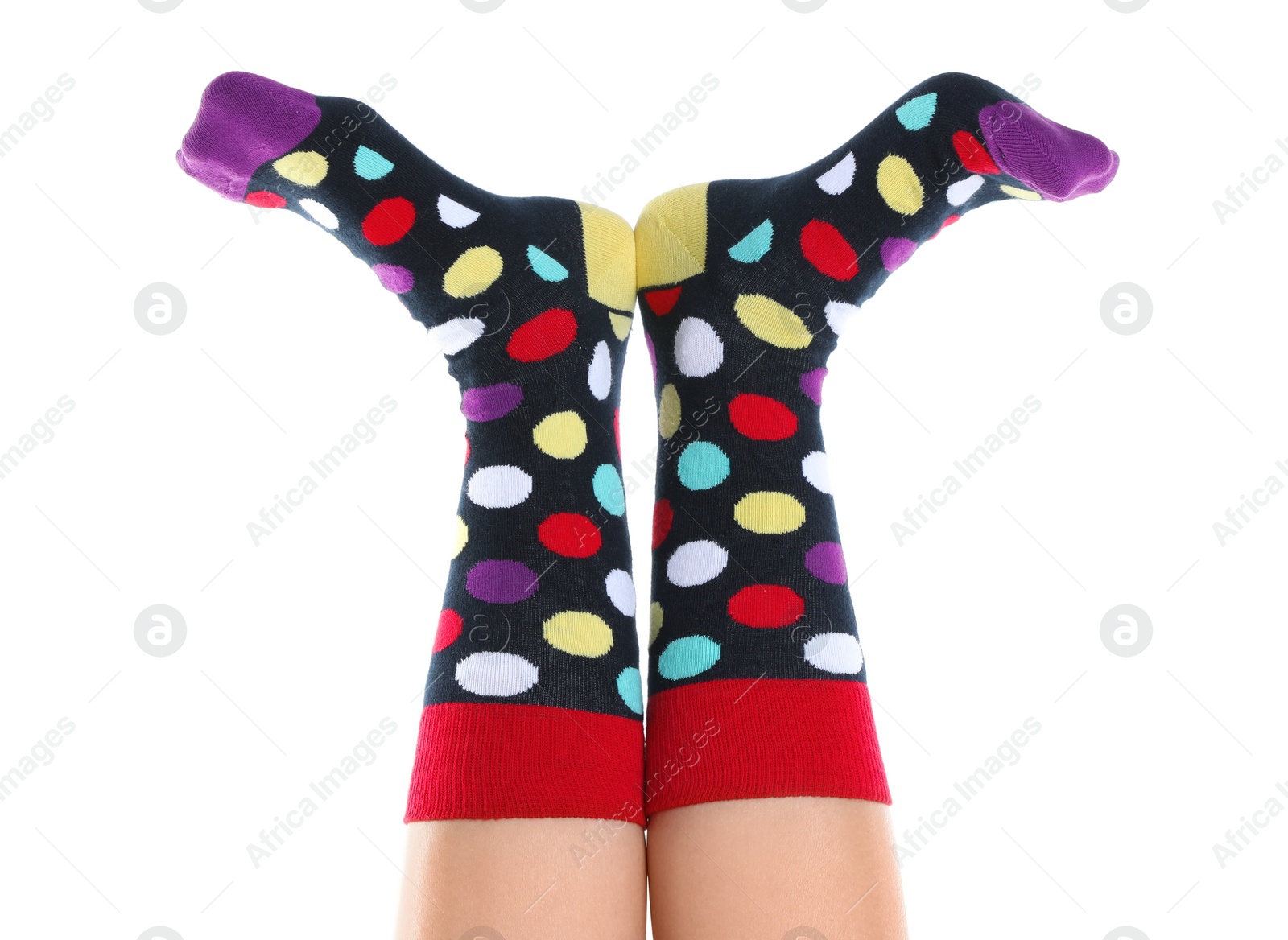 Photo of Woman in stylish socks on white background, closeup