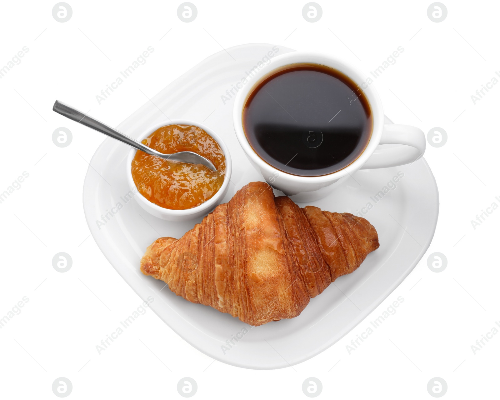 Photo of Tasty breakfast. Cup of coffee, jam and croissant isolated on white, top view