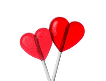 Photo of Sweet heart shaped lollipops on white background. Valentine's day celebration