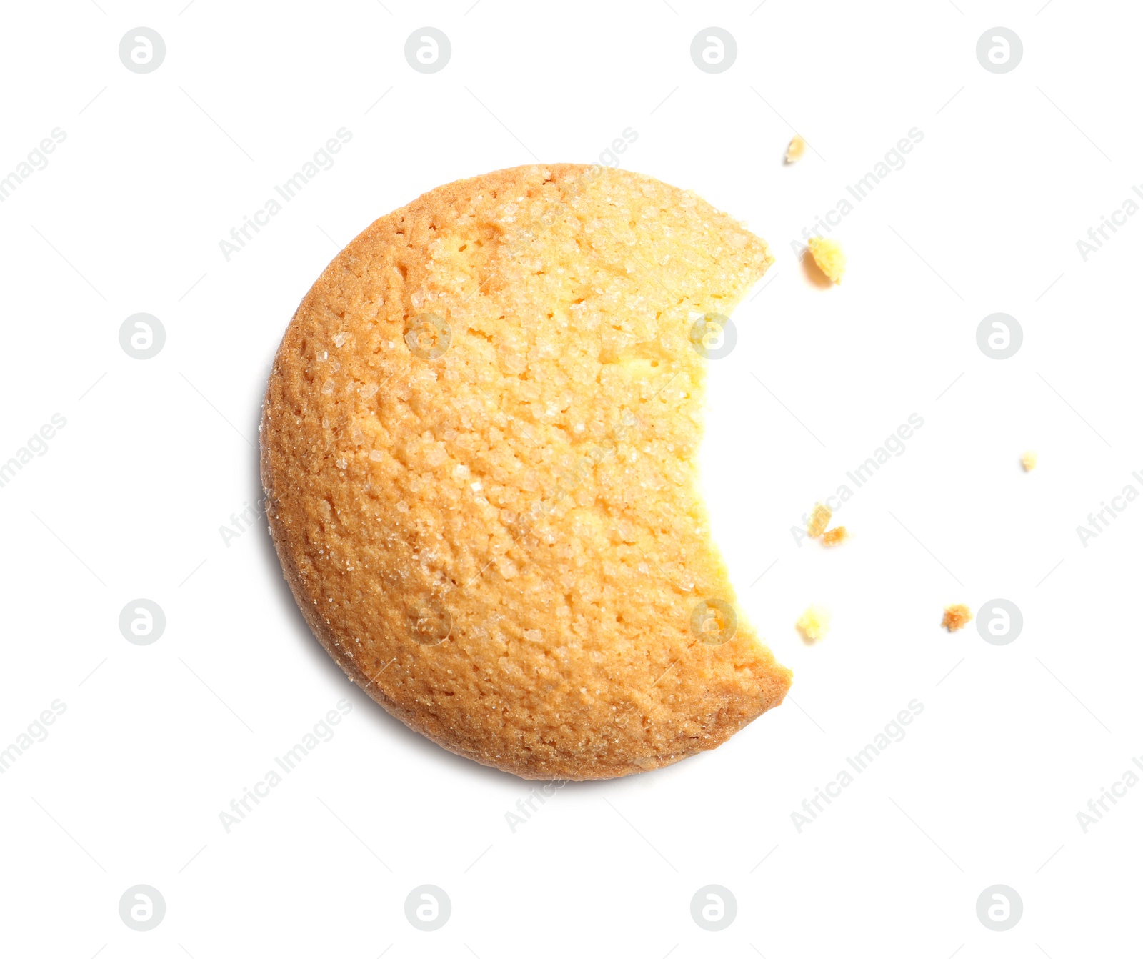 Photo of Bitten tasty Danish butter cookie isolated on white, top view