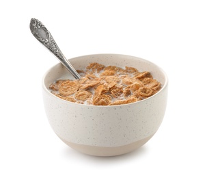 Photo of Bowl with wheat flakes and milk on white background. Healthy grains and cereals