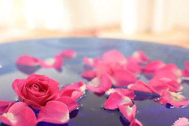 Pink roses and petals in bowl with water, closeup