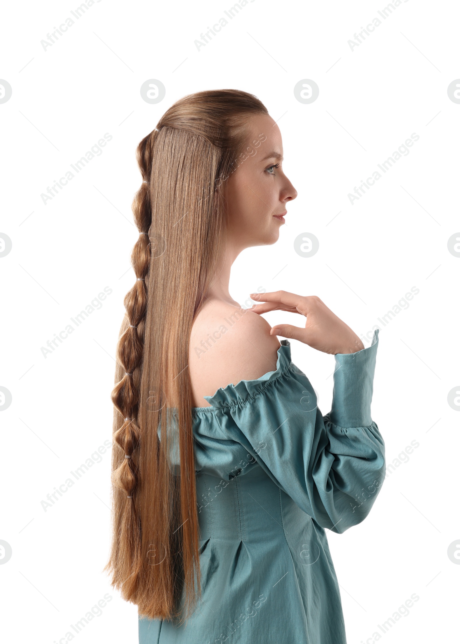 Photo of Woman with braided hair on white background