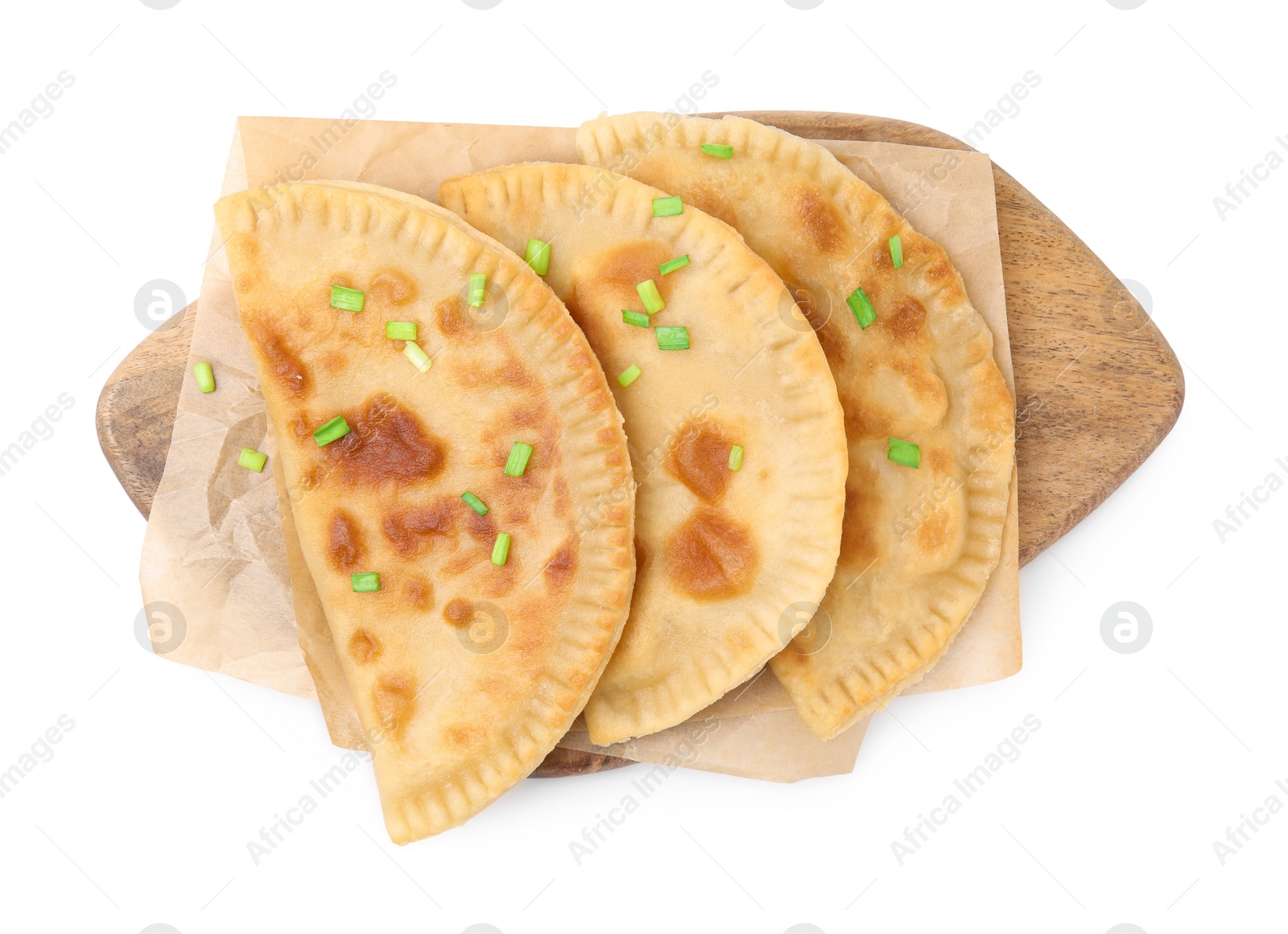 Photo of Delicious fried chebureki with cheese and onion isolated on white, top view