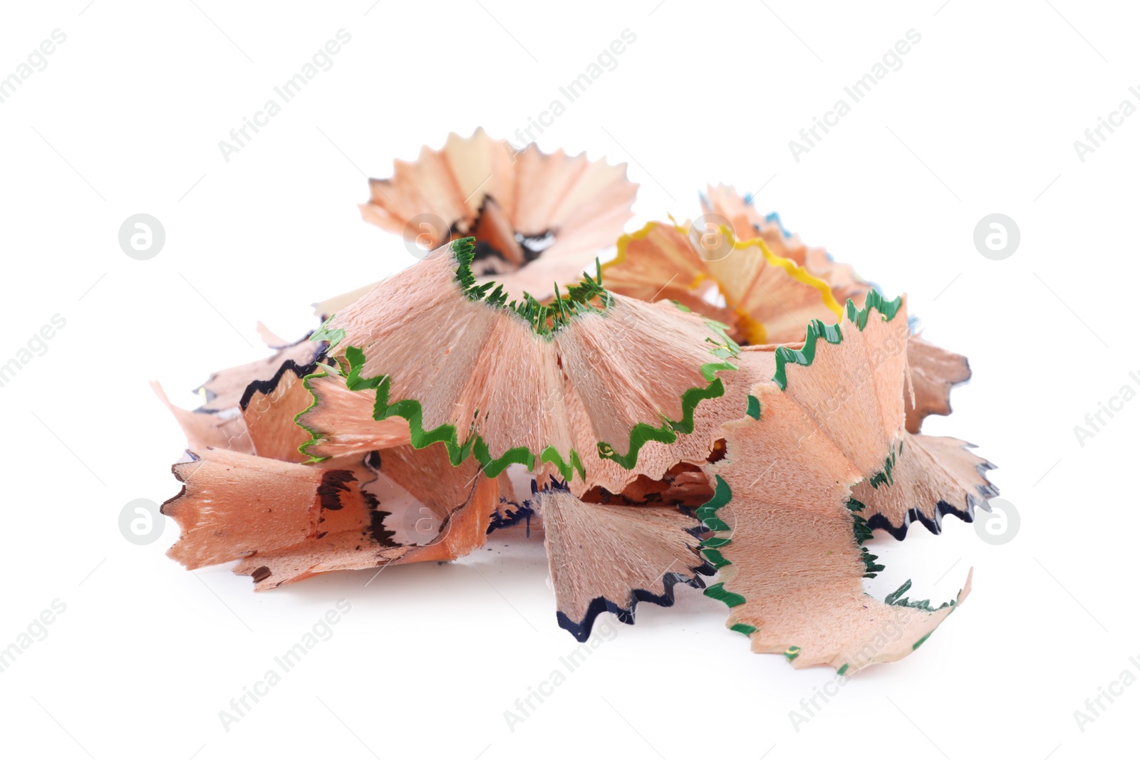 Photo of Heap of colorful pencil shavings on white background