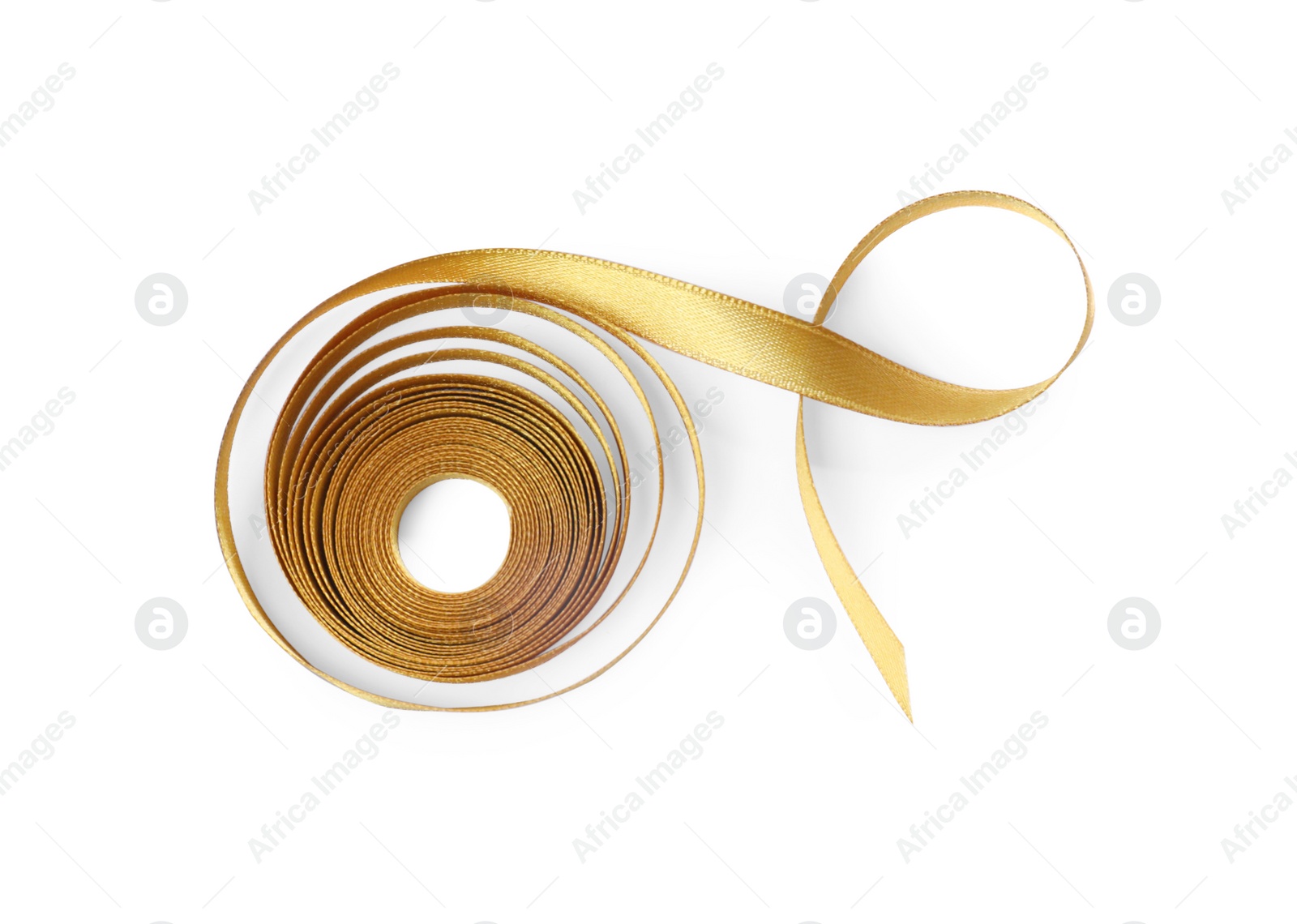 Photo of Beautiful golden ribbon isolated on white, top view