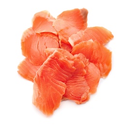 Photo of Fresh sliced salmon fillet on white background