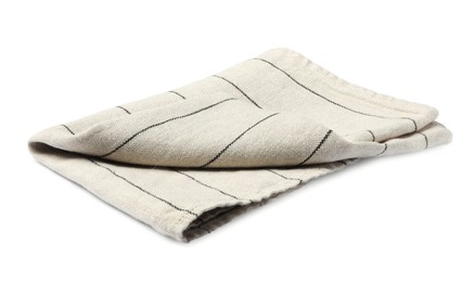 Photo of Striped fabric napkin folded on white background