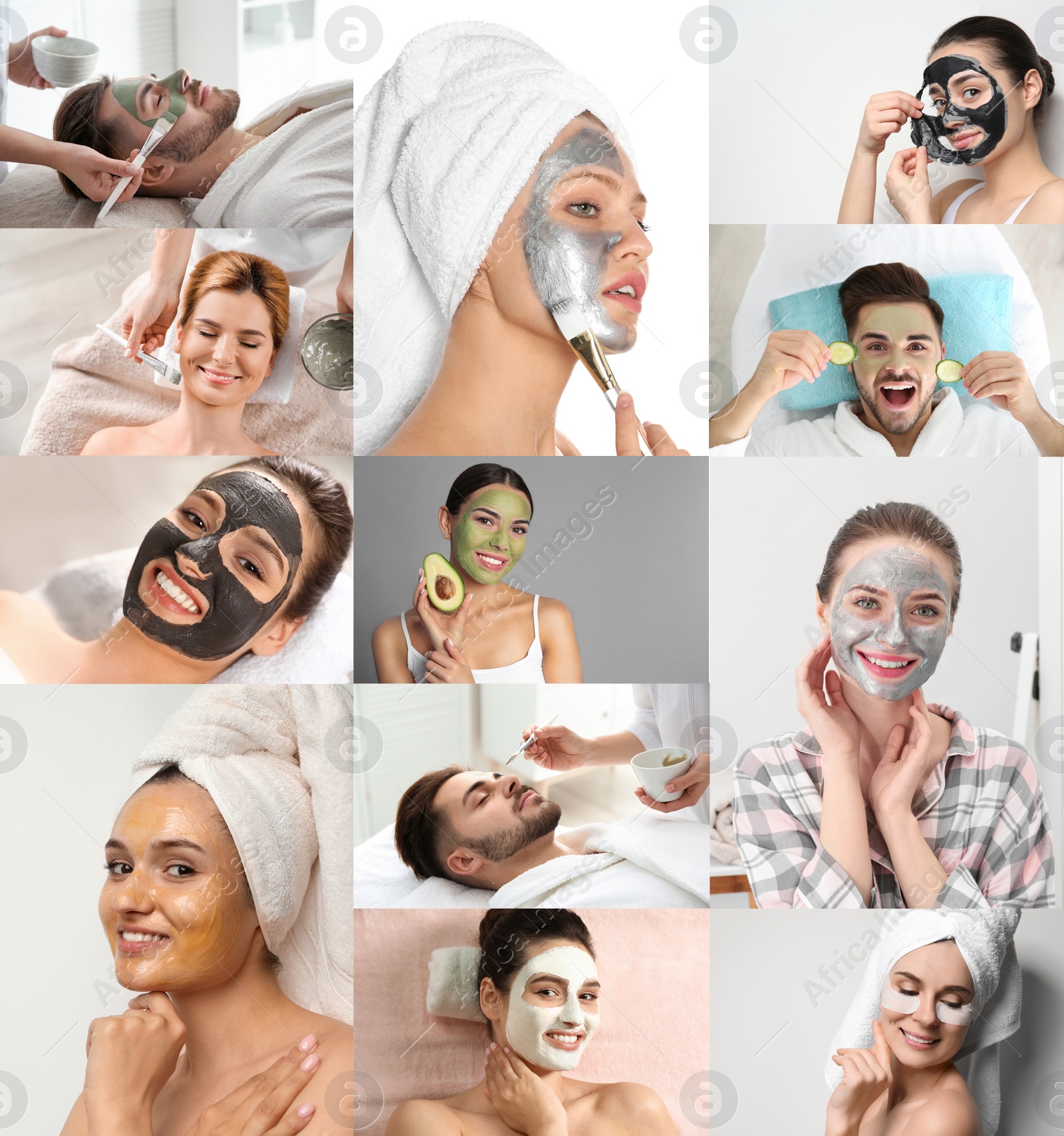 Image of Collage with photos of people with cleansing and moisturizing masks on faces