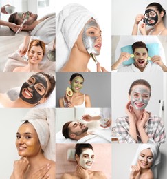 Image of Collage with photos of people with cleansing and moisturizing masks on faces
