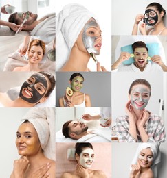 Collage with photos of people with cleansing and moisturizing masks on faces