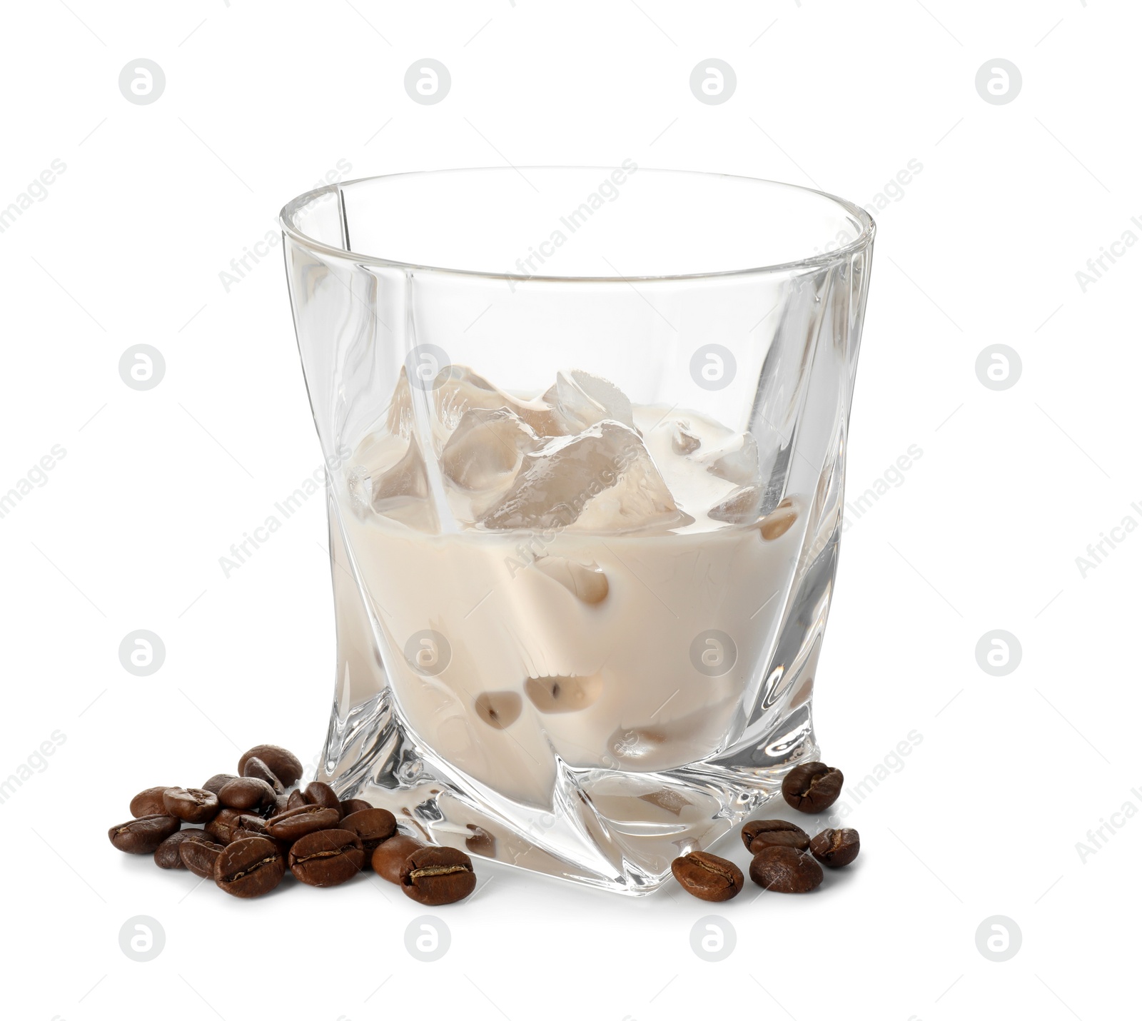 Photo of Glass of coffee cream liqueur with ice cubes and beans isolated on white