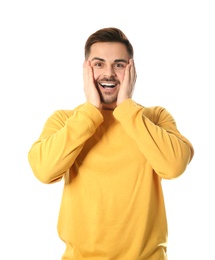 Photo of Portrait of emotional handsome man on white background