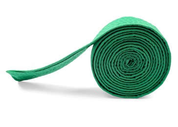 Green karate belt isolated on white. Martial arts uniform