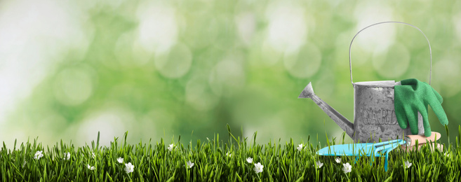 Image of Set of gardening tools on green grass against blurred background, space for text. Banner design