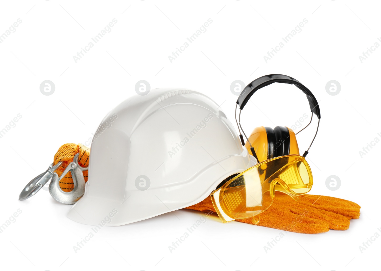 Photo of Protective workwear on white background. Safety equipment