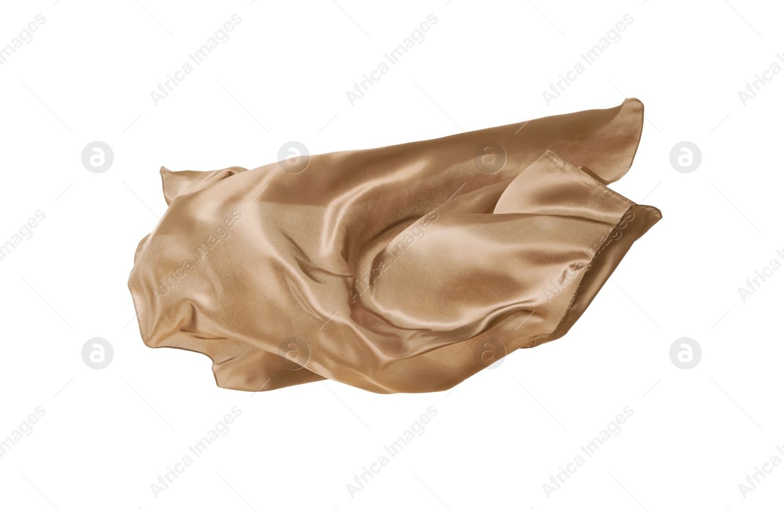 Photo of Beautiful delicate beige silk floating on white background