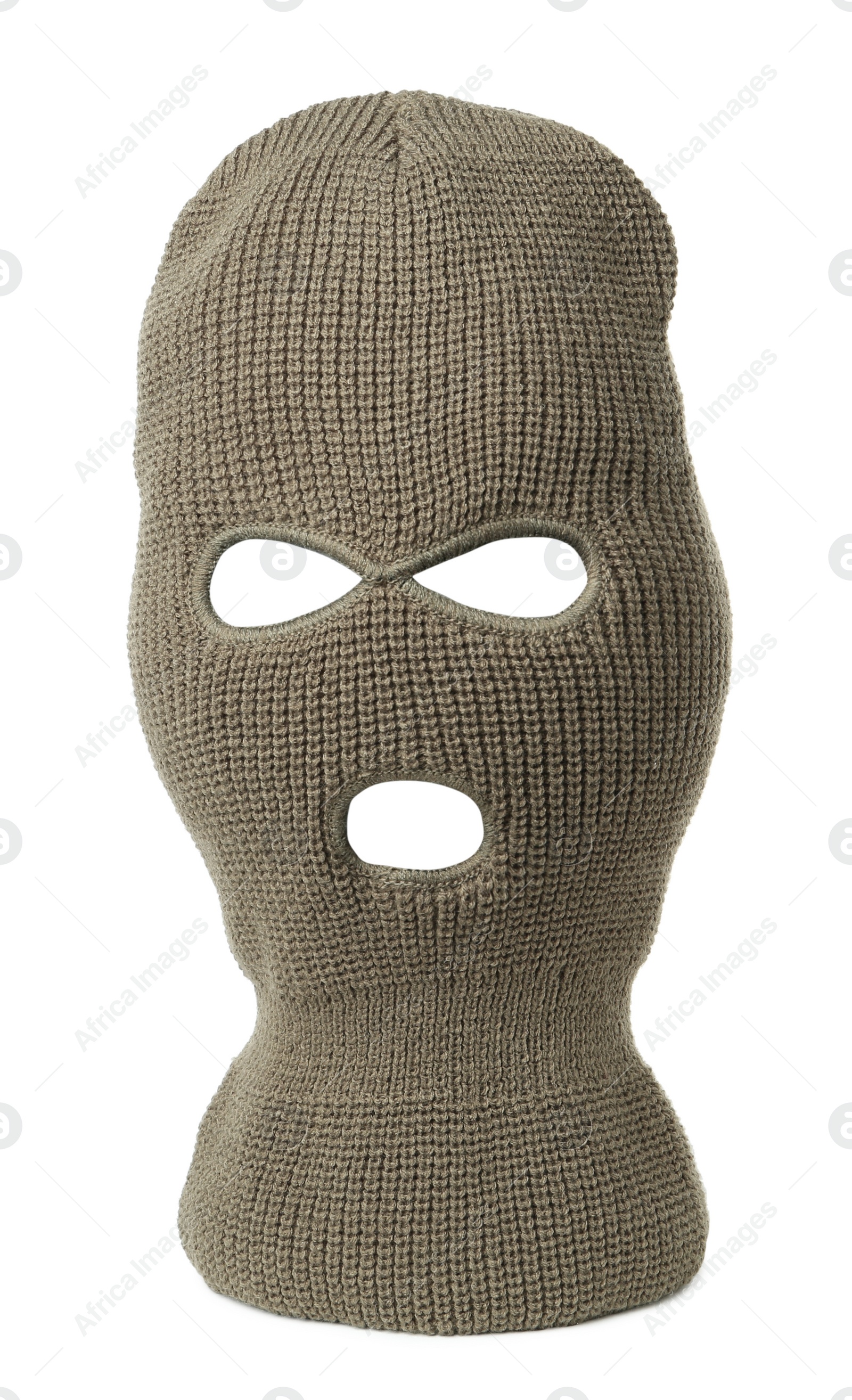 Photo of Beige knitted balaclava isolated on white. Cloth headwear