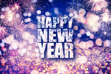 Illustration of Text Happy New Year on festive background with fireworks, bokeh effect