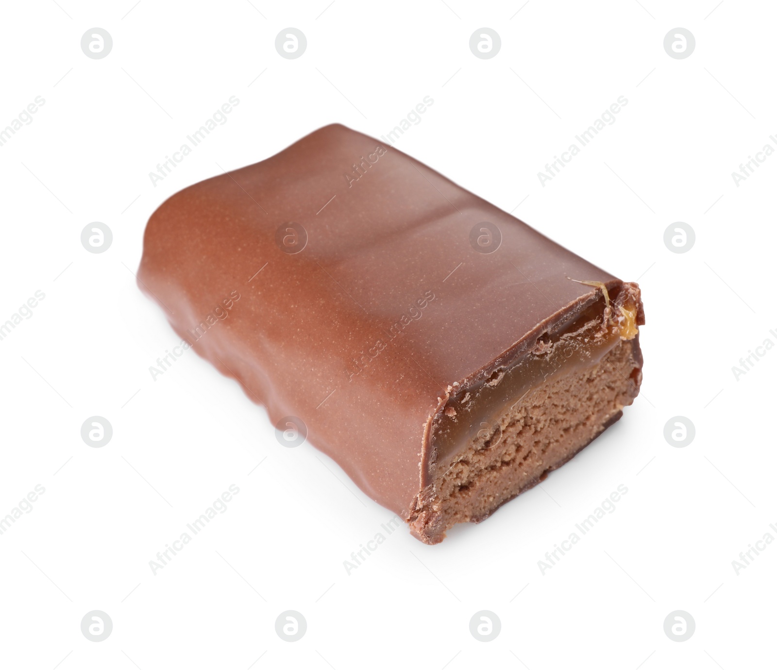 Photo of Piece of tasty chocolate bar with nougat isolated on white