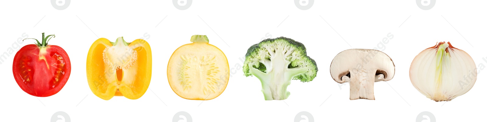 Image of Collection of different fresh vegetables on white background. Banner design