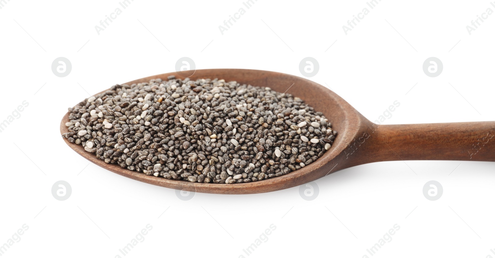 Photo of Wooden spoon with chia seeds isolated on white