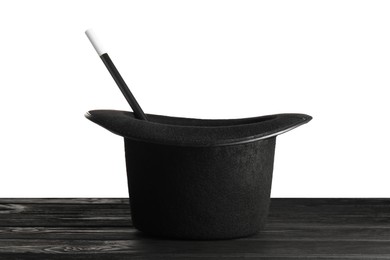 Magician's hat and wand on wooden table against white background