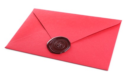 Photo of Red envelope with wax seal isolated on white