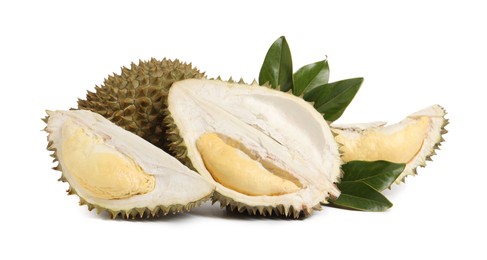 Photo of Cut and whole ripe durians on white background