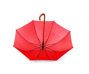 Photo of Modern opened red umbrella isolated on white