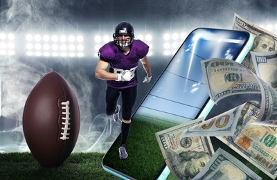 Image of Win on sports betting, online bookmaker service. American football player, ball, mobile phone and dollars