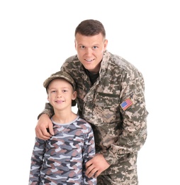 Photo of Male soldier with his son on white background. Military service