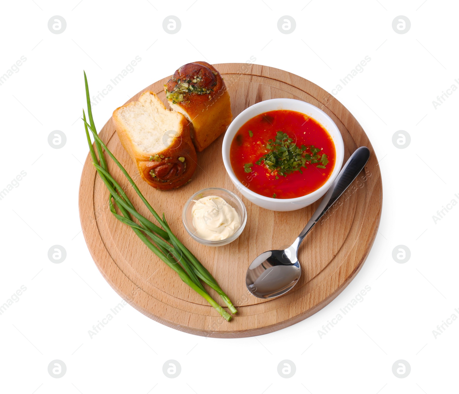 Photo of Delicious borsch served with pampushky isolated on white. Traditional Ukrainian cuisine